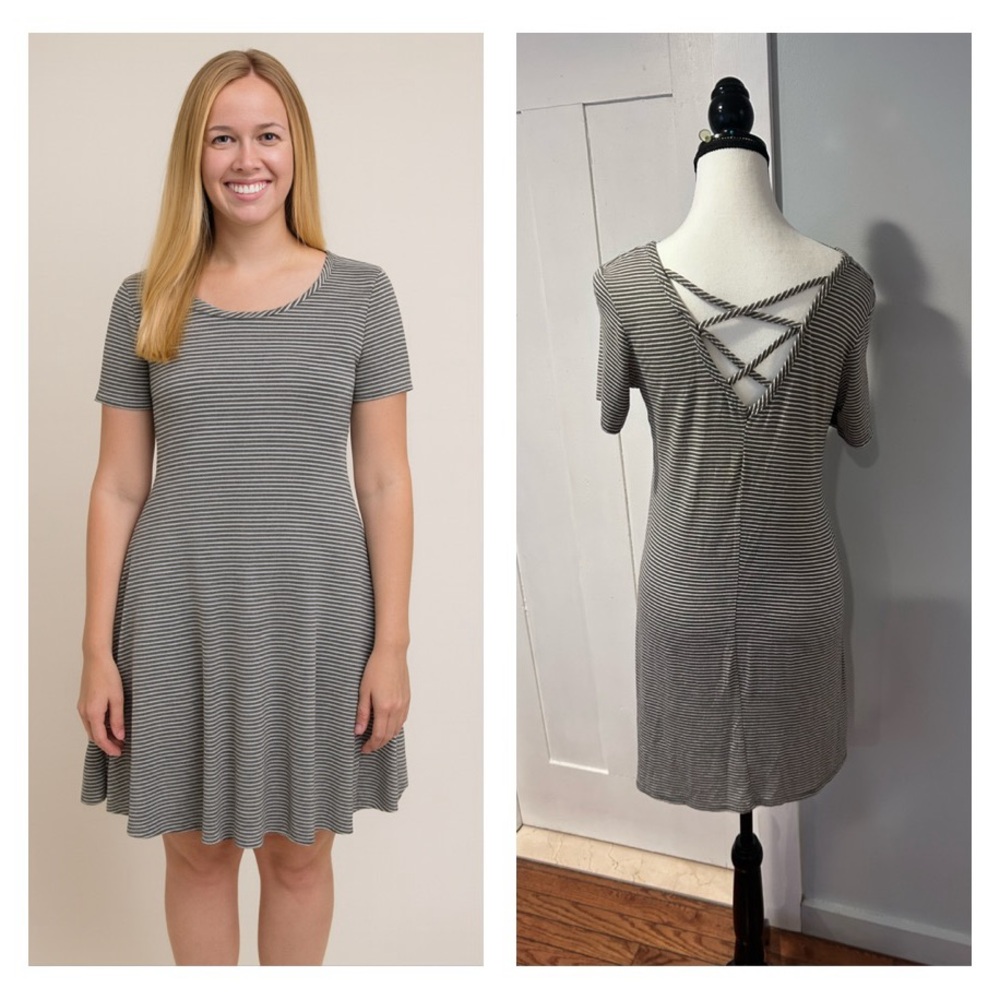 Olivia Rae white striped short-sleeve flowy swing dress.